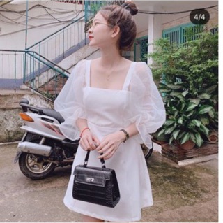 Đầm Cổ Vuông Tay Lưới Phồng Trơn 💕