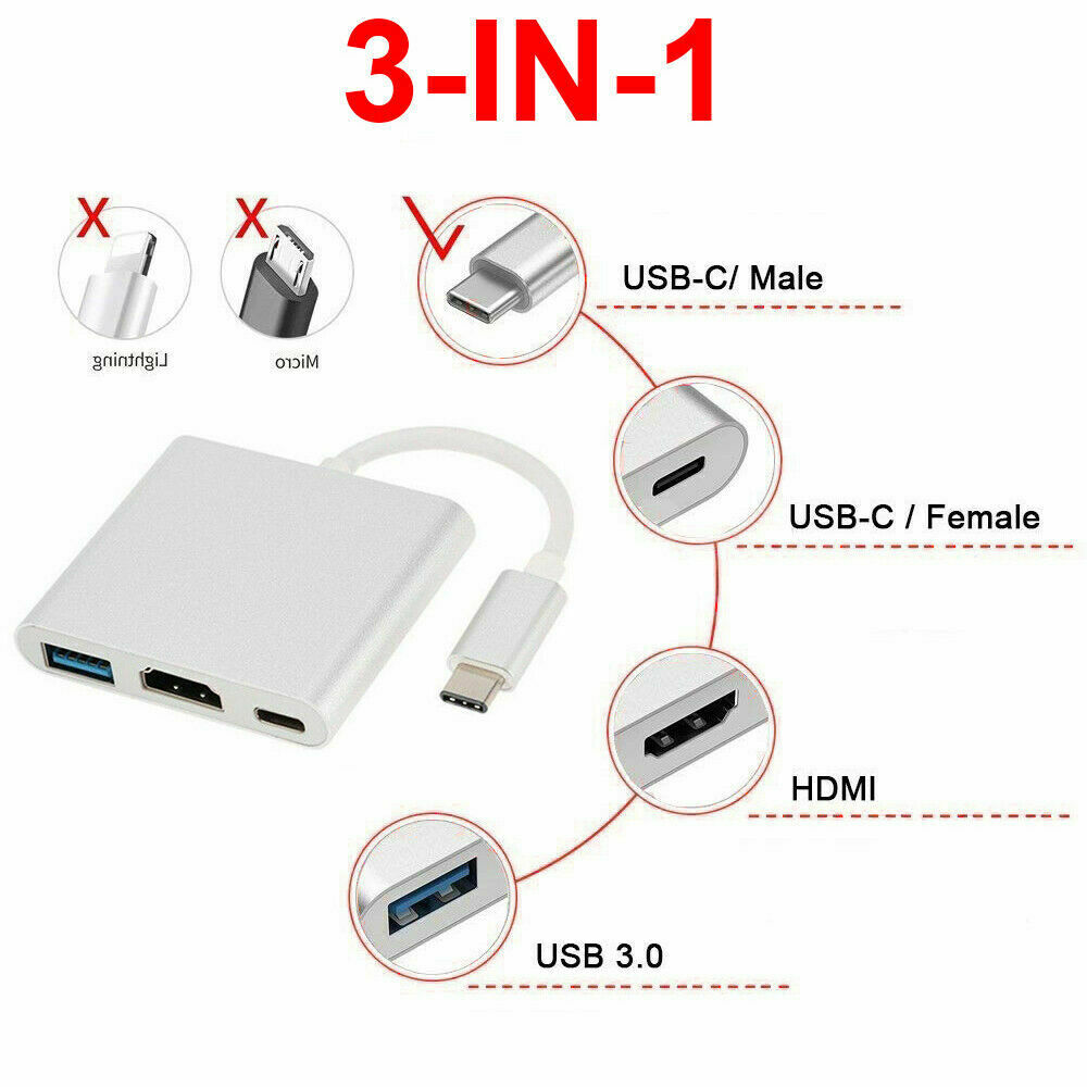 ♔P&M♚ 3 in 1 or Macbook / Universal Type-C Cell Phones USB 3.1 Type C to USB-C 4K HDMI USB 3.0 Hub Adapter Chargers Cables