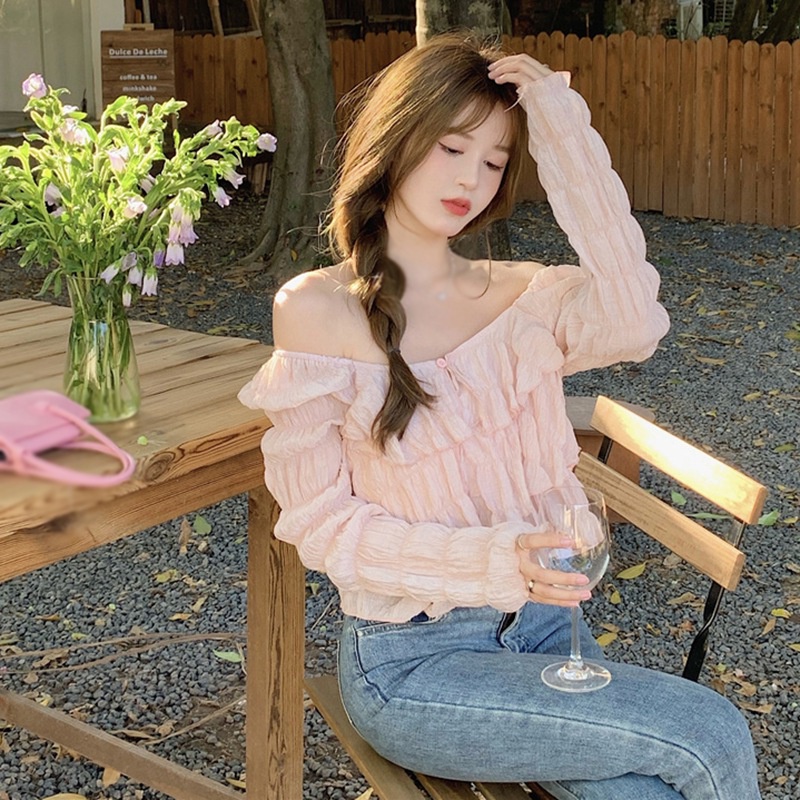 Áo Crop Top Vải Voan Tay Dài Cổ Tròn Nhún Bèo Màu Sắc Ngọt Ngào Phong Cách Hàn Quốc Thời Trang Cho Nữ