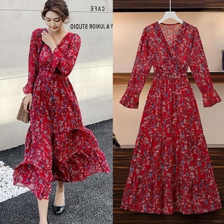 Dress Spring Autumn Winter Dress Long Sleeve Floral V-neck One-piece Dress Ladies Dress Holiday wind Bohemian dress