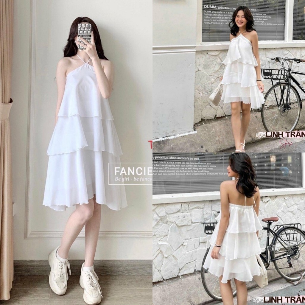Đầm Trắng Cổ Yếm Chất Lụa Ba Tầng Mlee.Clothing Q084