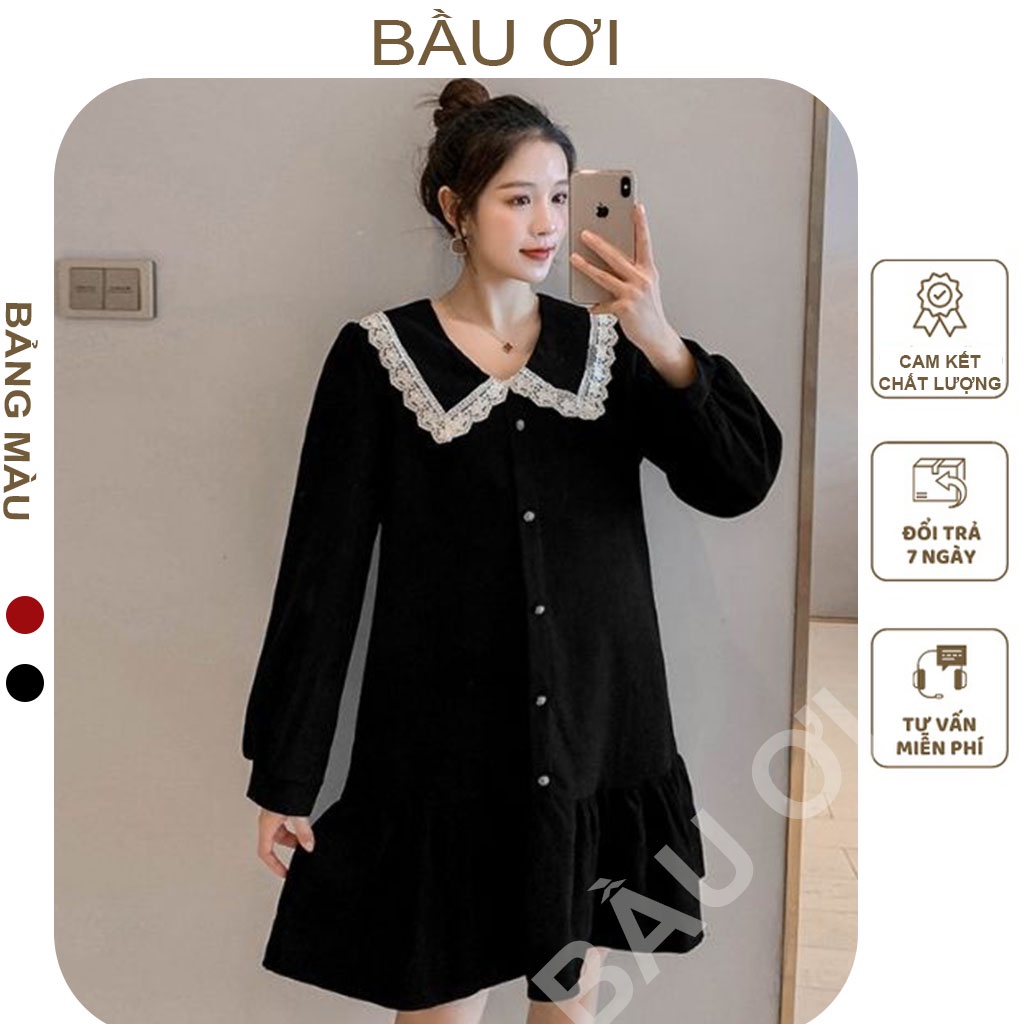 VÁY BẦU CÔNG SỞ CHẤT NHUNG TĂM CỔ REN KIỂU DÁNG ĐUÔI CÁ - ĐẦM BẦU MÙA THU FREE SIZE MẶC ĐI LÀM DỰ TIỆC