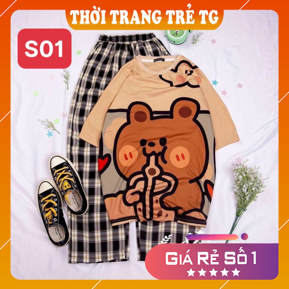 Đồ bộ nữ 𝑭𝒓𝒆𝒆𝒔𝒉𝒊𝒑 Set Đồ Bộ Quần Sọc Caro Ống Rộng S20 Hình Gấu Cute Freesize Form Rộng Cực Thoáng Mát