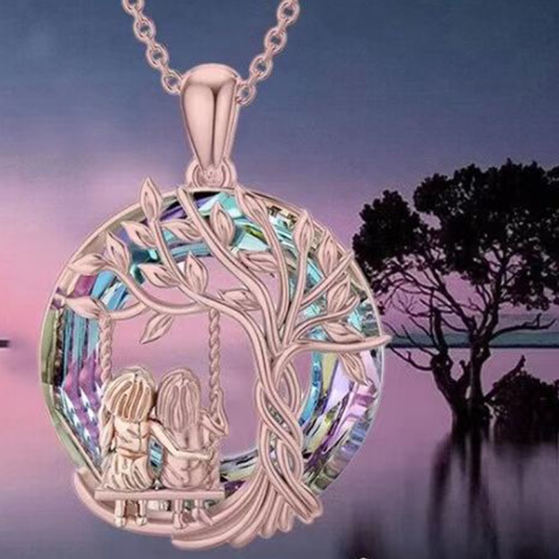 Vòng cổ Mặt Tròn Khắc Hình Cây Sự Sống Đính Pha Lê Cho Chị Em Gái