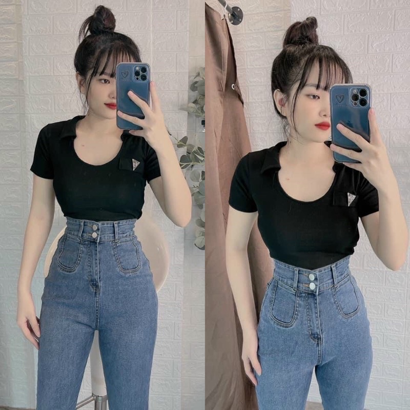 Áo thun body cổ bẻ U phối lô gô | BigBuy360 - bigbuy360.vn