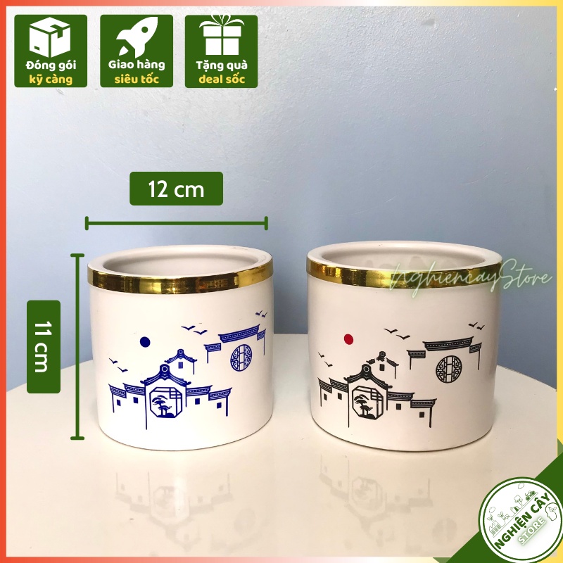 Chậu gốm họa tiết, bo miệng viền vàng trồng cây cảnh để bàn, xương rồng, sen đá