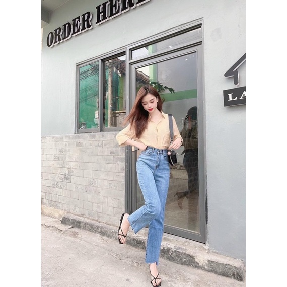 Quần jeans basic ống đứng cắt gấu chân chất dãn phom đỉnh