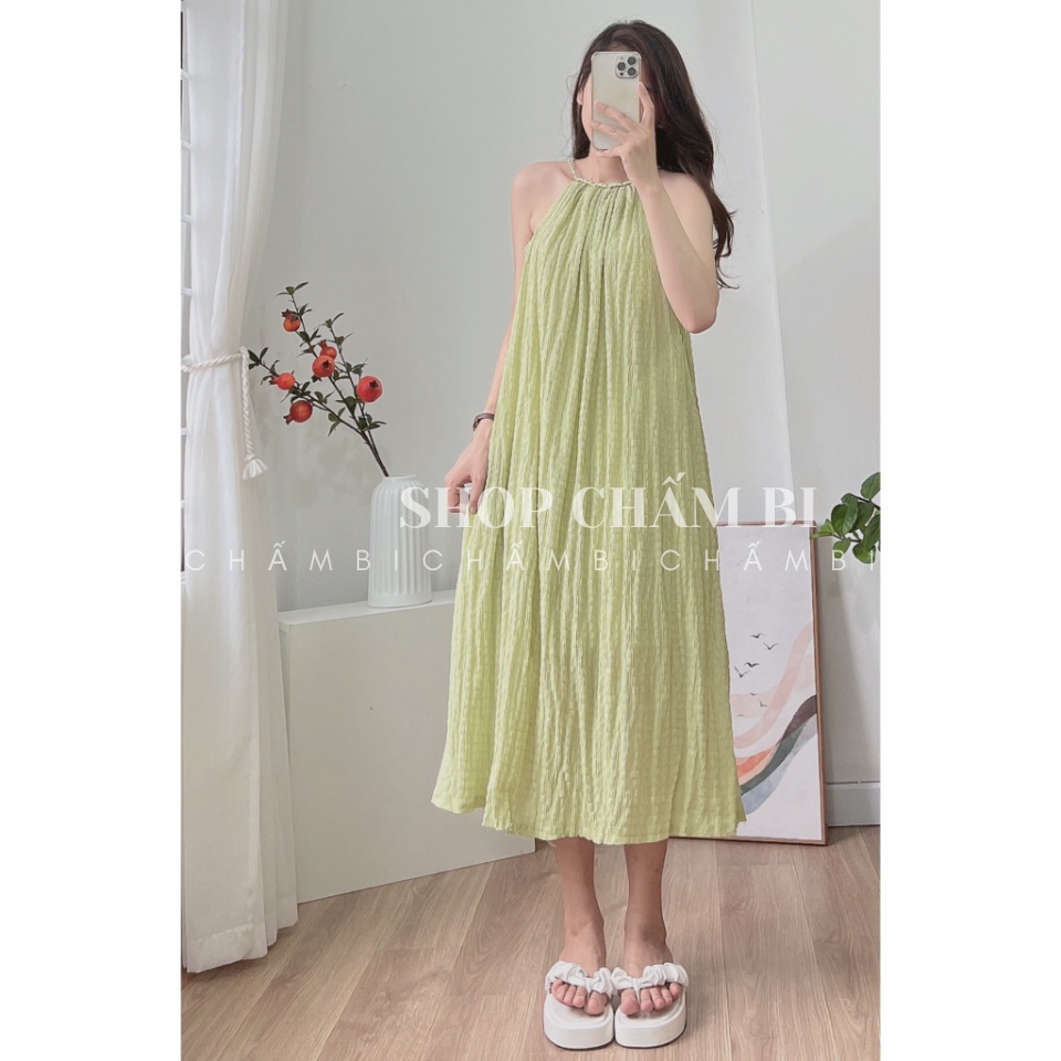 Váy kiểu nữ đi biển V.115, Váy maxi xốp cổ yếm vặn thừng dáng xuông 4 màu ngọt ngào - Thời trang nữ Chấm Bi | BigBuy360 - bigbuy360.vn
