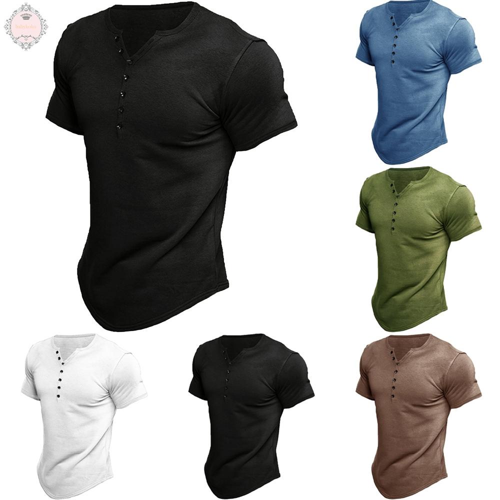 Summer European American Men Henley Shirt Short-Sleeved Solid Color T-Shirt Top