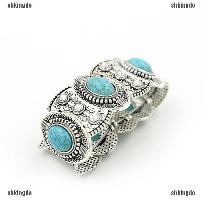 Vòng tay bản lớn đính hạt đá ngọc lam tự nhiên phong cách Boho