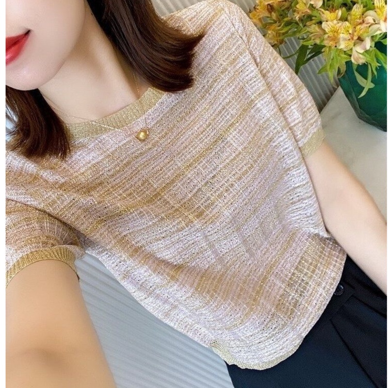 Áo Dệt Kim Ngắn Tay Màu Sắc Tương Phản Thời Trang 157410 Áo Thun Mỏng Cổ Tròn Dáng Rộng Thời Trang Mùa Hè Phong Cách Retro