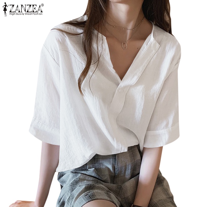 Áo kiểu Zanzea tay 3/4 cổ chữ v màu trơn thời trang dành cho nữ