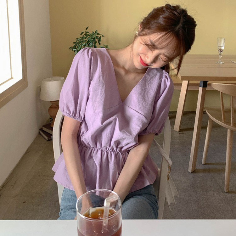 Áo babydoll cổ V màu tím dừa cạn, Áo sơ mi phong cách Hàn Quốc Kieu01