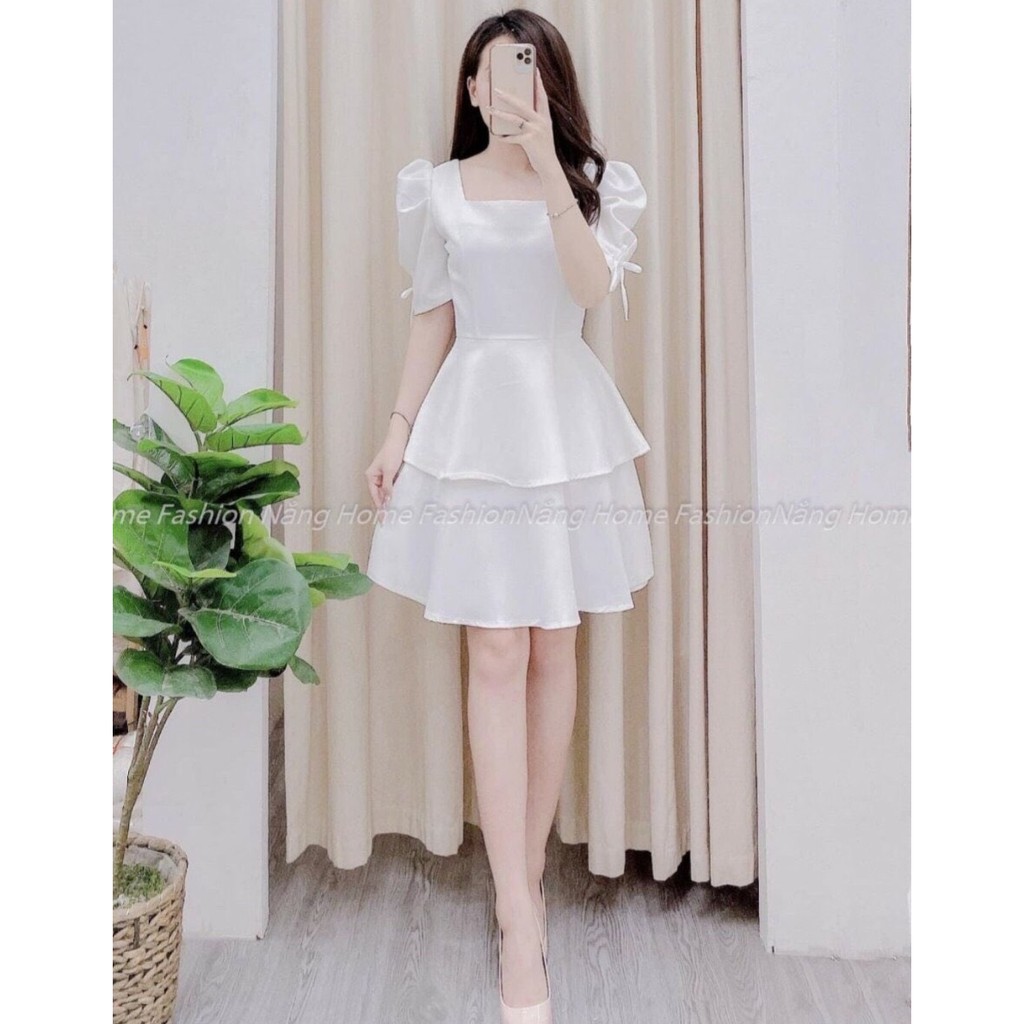 Váy đầm nữ dáng xòe xếp tầng kiểu dáng thanh lịch tay phồng rút dây chất For cao cấp dày dặn thích hợp mặc đi tiệc