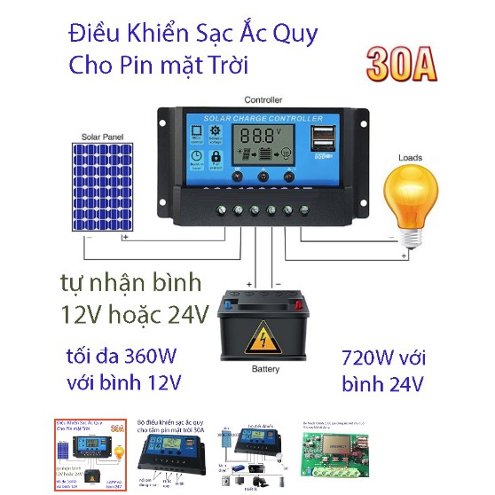 sạc pin năng lượng mặt trời - 30a  bộ điều khiển sạc năng lượng mặt trời 12 24V tự nhận bình