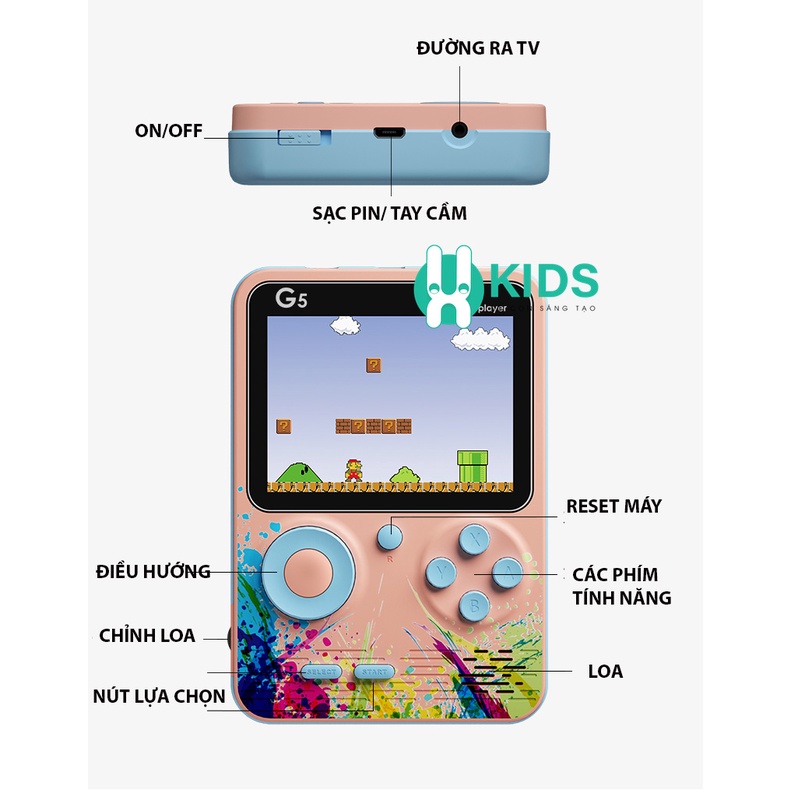 Máy chơi game 4 nút cầm tay G5 cao cấp, sẵn 500 game, màn hình LCD, kèm tay cầm 2 người chơi, pin dung lượng 6-8 tiếng