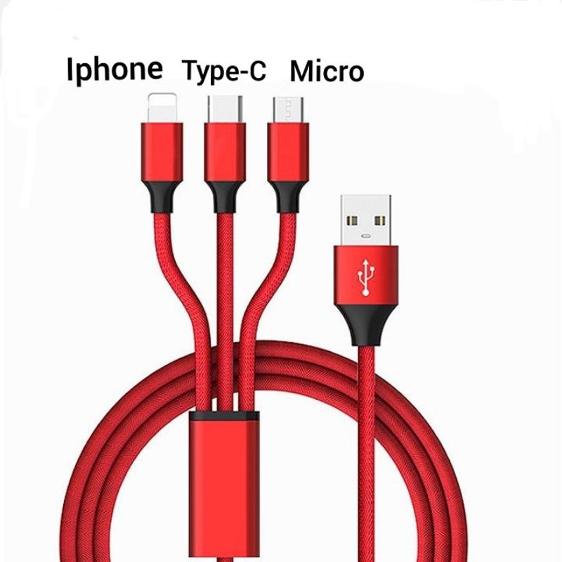 Cáp sạc nhanh 3 đầu dây dù IPHONE,TYPE-C, MICRO