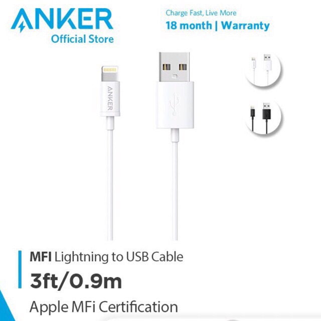 Cáp sạc pin dự phòng iphone/iPad 0.9m hiệu ANKER chuẩn MFI A7101 Lightning - AB STORE