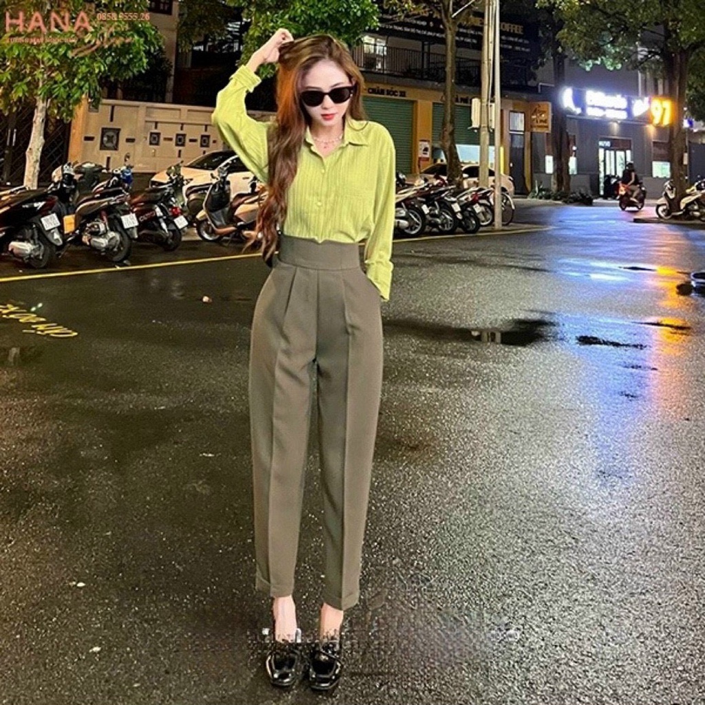 Quần tây Baggy nữ lưng cao cạp V, Quần Baggy nữ dáng công sở khóa sườn màu đen tuyết mưa cao cấp Okélla