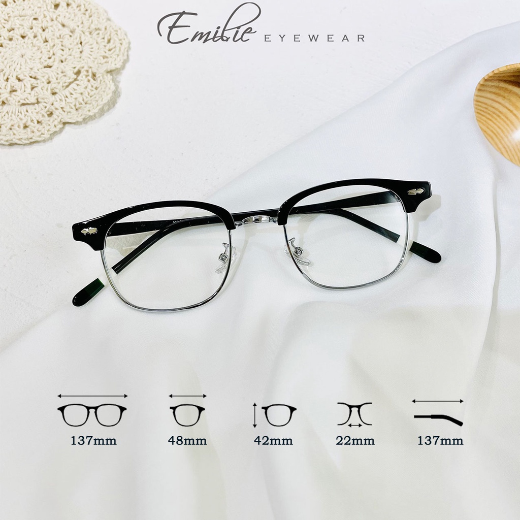 Gọng kính nam nữ Clubmaster kim loại viền nhựa cao cấp Kính mắt Emilie phụ kiện thời trang K9058