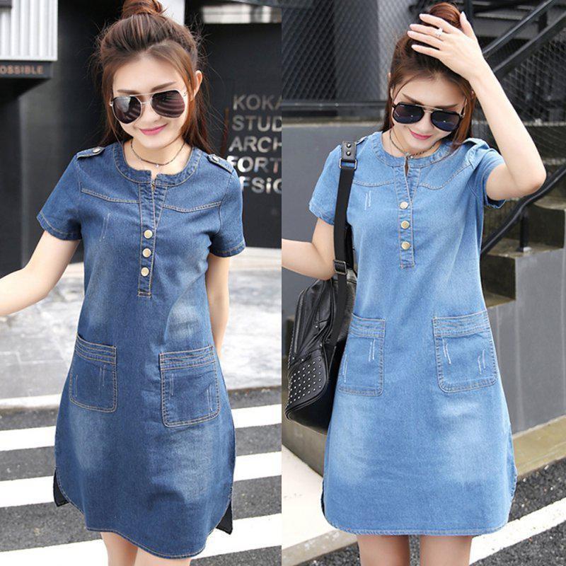 Đầm Denim cổ tròn tay ngắn phối túi thời trang cho nữ