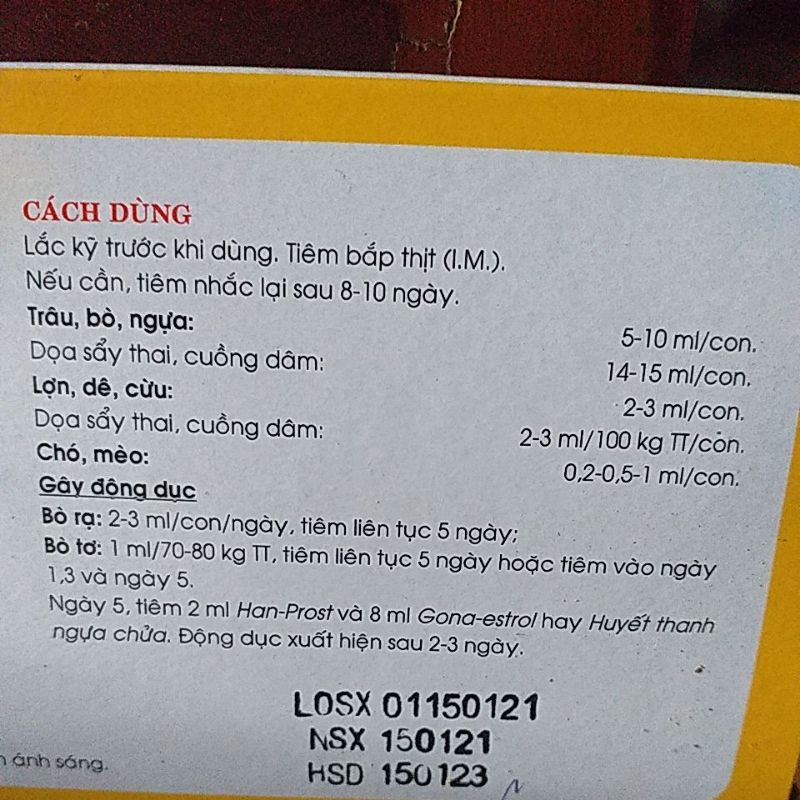 an thai progesterone, cho vật nuôi bị dọa sẩy thai, chấm dứt động dục cho chó mèo, ấp trứng ở gà, 1 ống