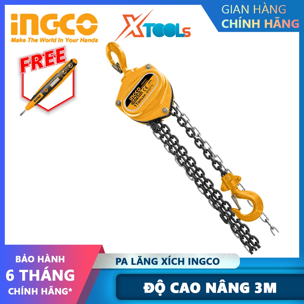 Pa lăng 1 dây xích INGCO HCBK0201 Bá lăng xích Trọng lượng nâng 1-3 tấn Độ cao nâng 3m khoảng cách từ đỉnh móc đến móc t