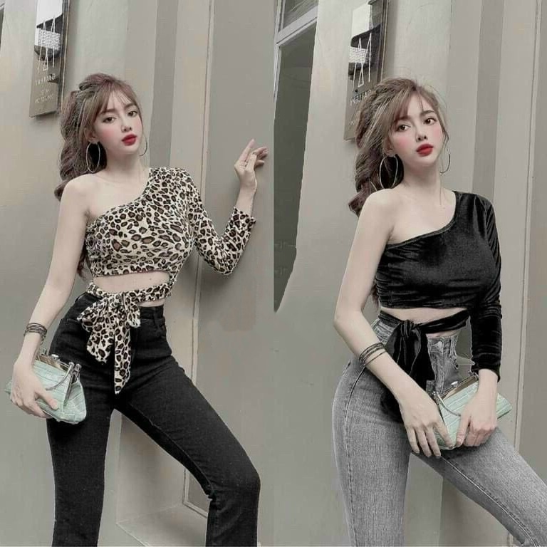 Áo croptop tay dài lệch vai ACOD 14, da beo sexy cá tính, cột dây hông eo tôn dáng, áo kiểu nữ độc lạ dài tay ôm body