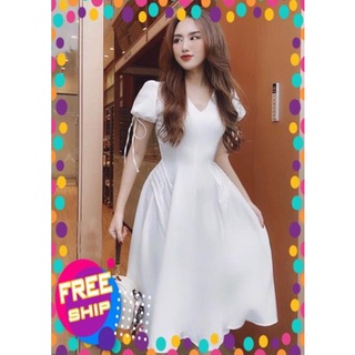 [BÃO SALE] Đầm váy trắng xoè xếp li eo (kèm hình thật)