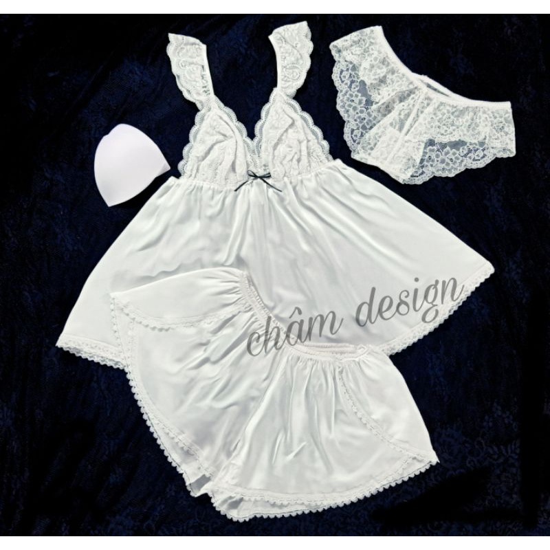 Bộ 2 dây lụa satin trắng tay ren gắn nơ đen nhỏ, quần xẻ sexy. Hàng thiết kế độc quyền tại shop