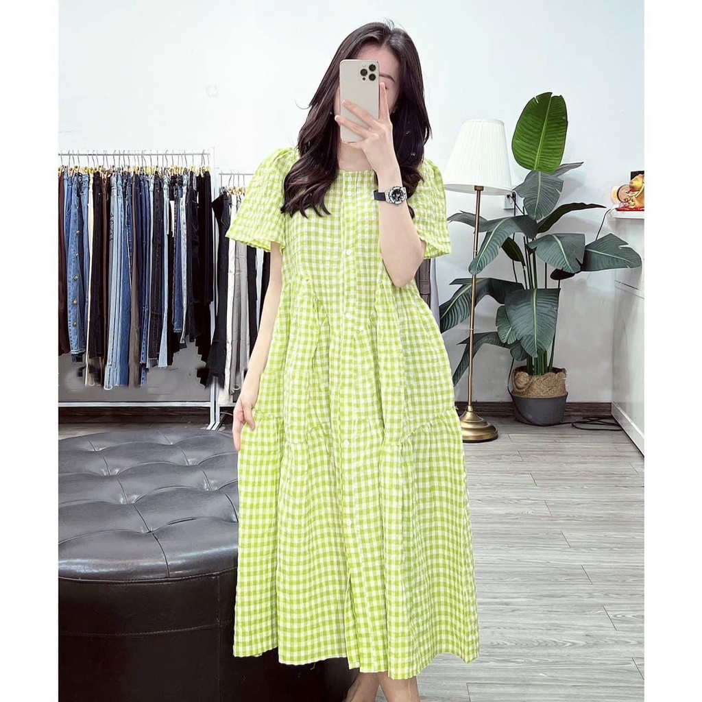 Váy babydoll kẻ caro bầu bí mặc thoải mái form suông 5 màu từ 40-65kg