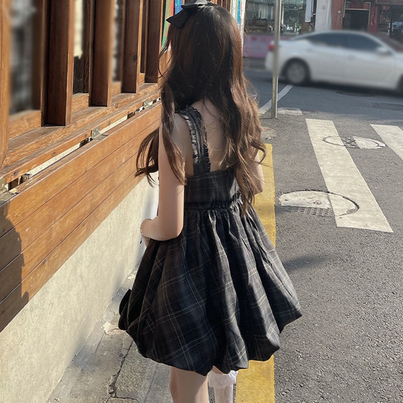 Đầm Mini Không Tay Phối Nơ Họa Tiết Sọc Caro Phong Cách Hàn Quốc Thời Trang Mùa Hè