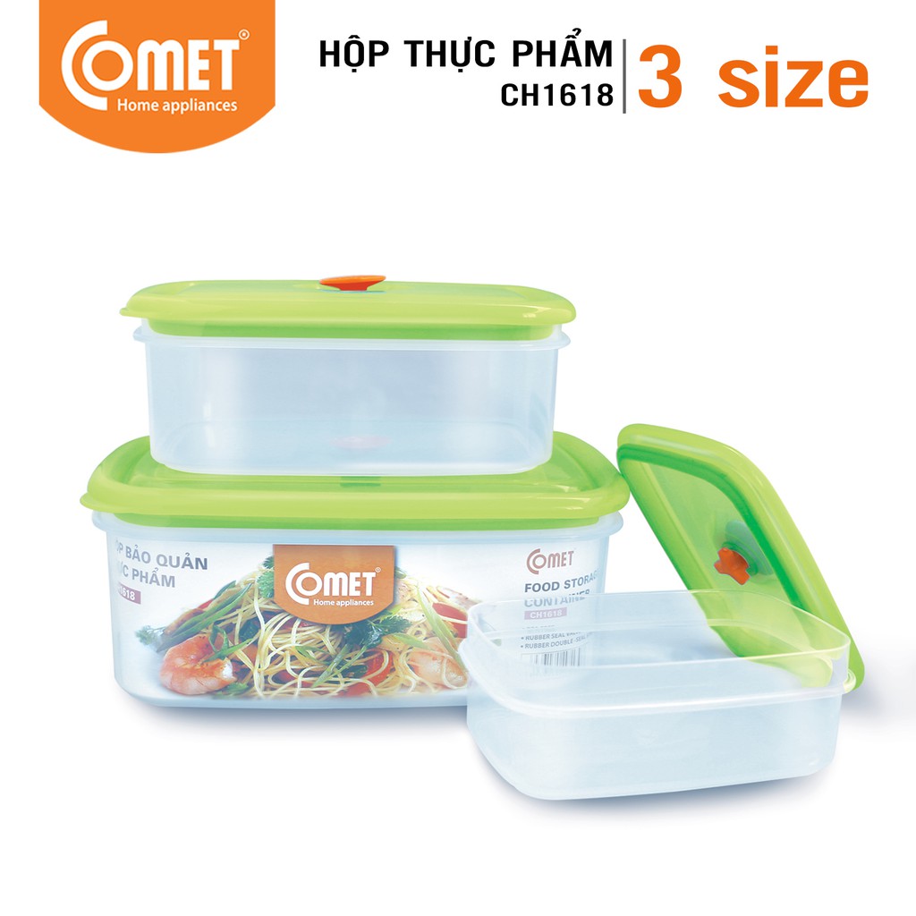 [Mã HLCOMET04 giảm 10% tối đa 50K đơn 100K] Bộ hộp nhựa đựng thực phẩm COMET Bộ 3 hộp vuông CH16-18