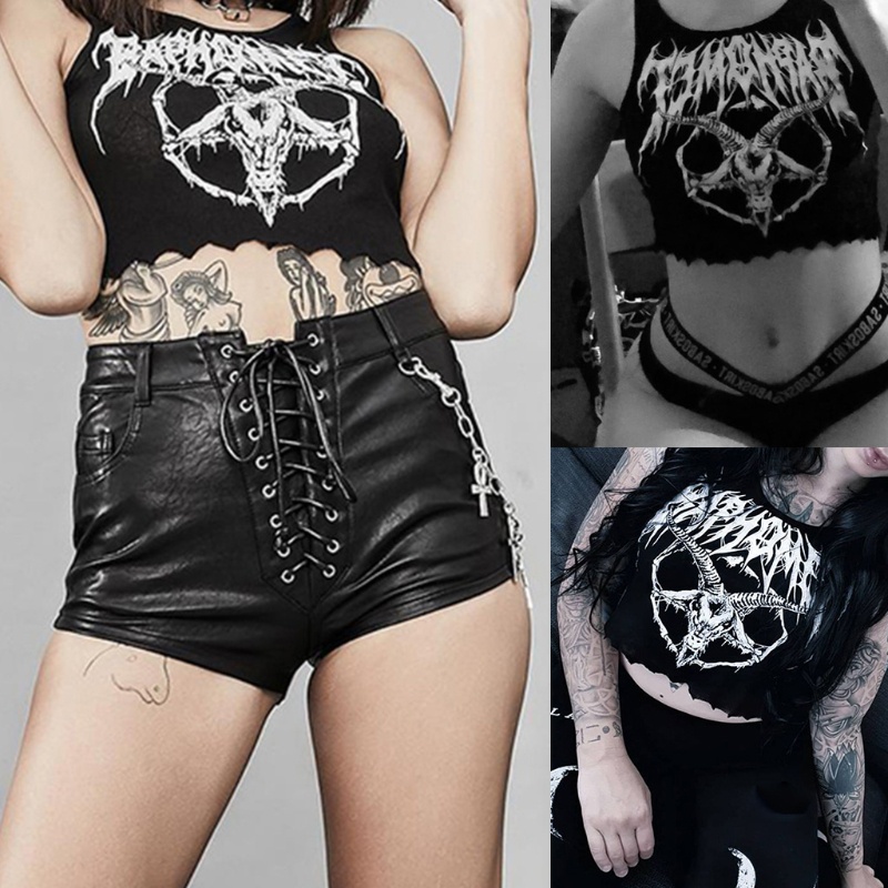 Xiangbao Áo Crop Top Dệt Kim Ôm Dáng Không Tay In Hình Dê Phong Cách Gothic Punk Gothic Harajuku Màu Đen Cho Nữ Ve