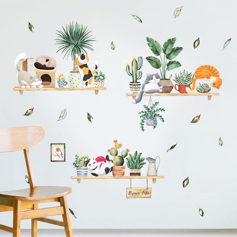 Decal dán tường chậu cây xương rồng và mèo xinh