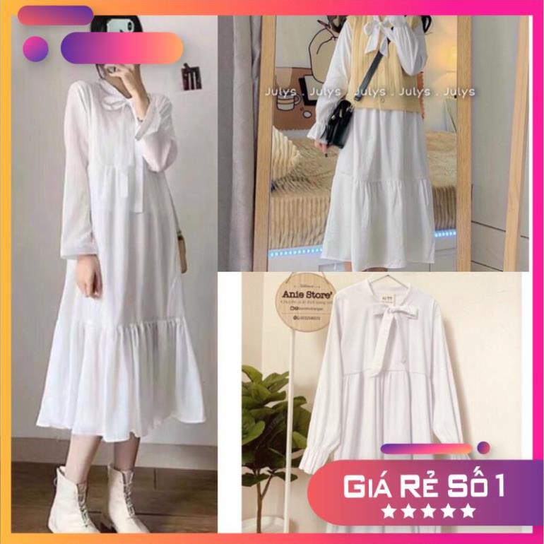 [Rẻ Vô Địch] Váy Babydoll Trắng Nơ Ngực 🦋 Đầm Nữ Tay Bồng Dáng Suông 🦋