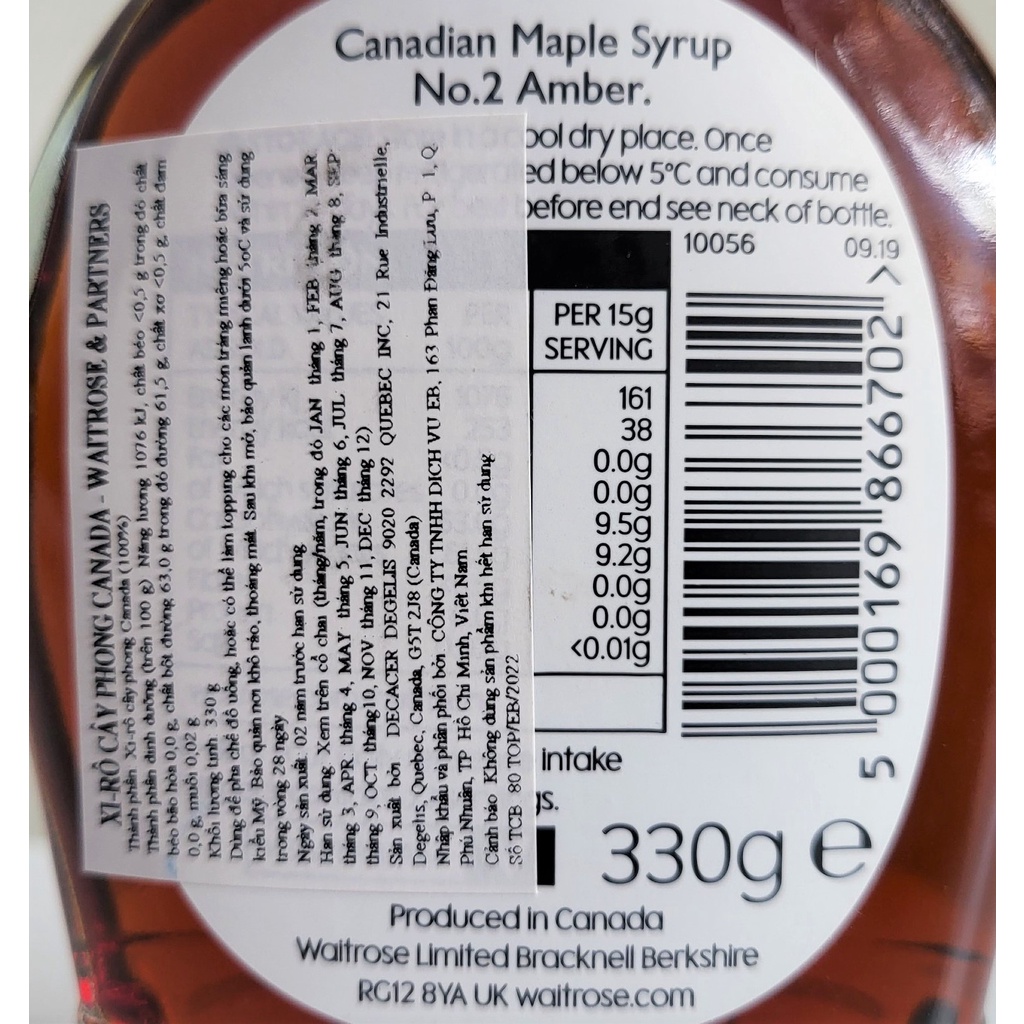(EXP-HẠN SD 01/9/2023) [Chai 330g] SI RÔ LÁ PHONG (CÂY THÍCH) NGUYÊN CHẤT [Canada] WAITROSE Canadian Maple Syrup (atp)