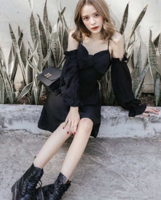 Đầm xoè trễ vai nơ ngực | BigBuy360 - bigbuy360.vn