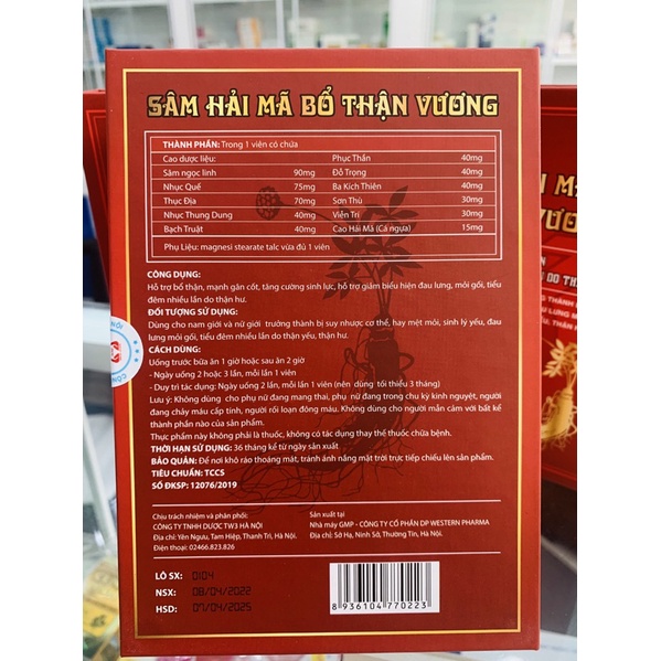 Sâm Hải Mã - Bổ Thận - Giảm tiểu đêm nhiều do thận hư- Hộp 60 viên