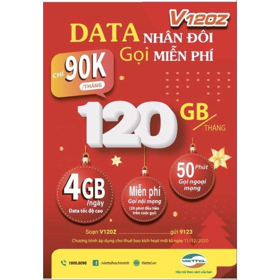 Sim 4G Viettel V90 mới(V120Z) 120GB/Tháng {4GB/Ngày} miễn phí gọi nội mạng