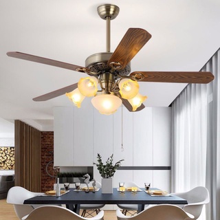 Quạt trần, quạt trần đèn cánh gỗ 5 chao sang trọng trang trí phòng khách (Bảo hành động cơ 10 Năm)