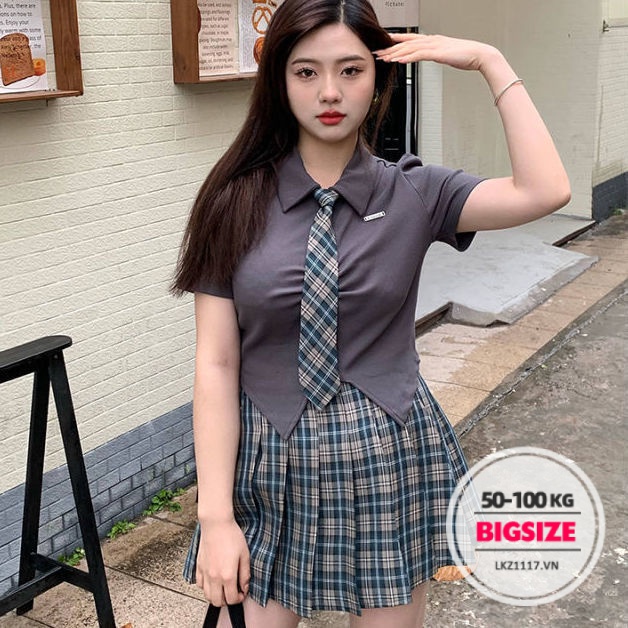 Sét bộ đồ nữ Bigsize Áo thun polo tay ngắn cổ bẻ kết hợp chân váy xếp ly tennis kẻ sọc caro lưng cao cạp cao chữ a mùa hè Phong cách Hàn Quốc Thời Trang đi Chơi sang chảnh cá tính cho người mập béo