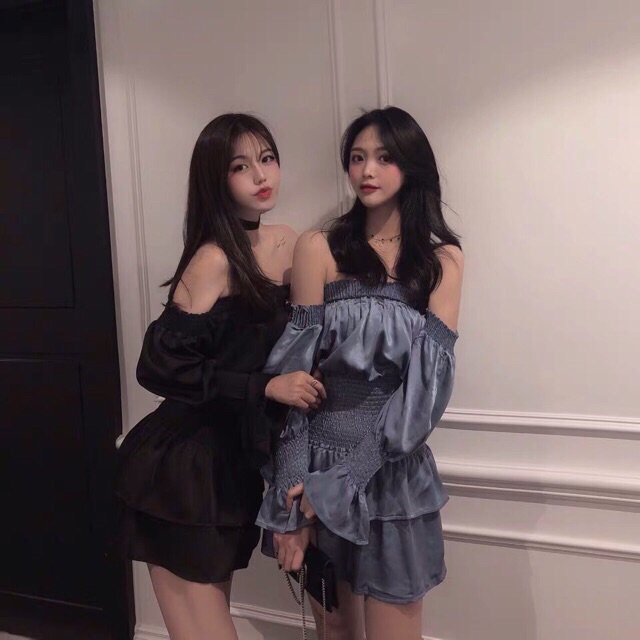 Váy lụa 2 tầng trễ vai