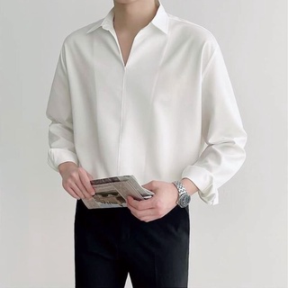 Áo sơ mi nam form rộng, áo sơ mi cách điệu kiểu cổ v, vải lụa cao cấp không nhăn xù.