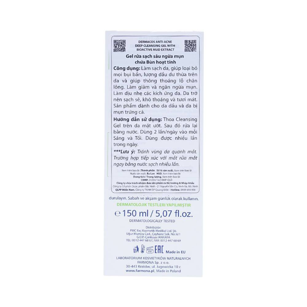 Sữa Rửa Mặt Sạch Sâu, Cho Da Mụn Chứa Bùn Hoạt Tính Farmona Dermacos Anti-Acne Deep Cleansing Gel 150ml