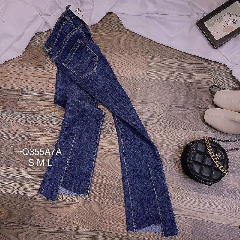 QUẦN JEANS NỮ CAO CẤP QUẦN JEANS DÀI ỐNG LOE LƯNG CAO XẺ TÀ CẮT GẤU TÔN DÁNG MÀU XANH JEANS XƯỚC