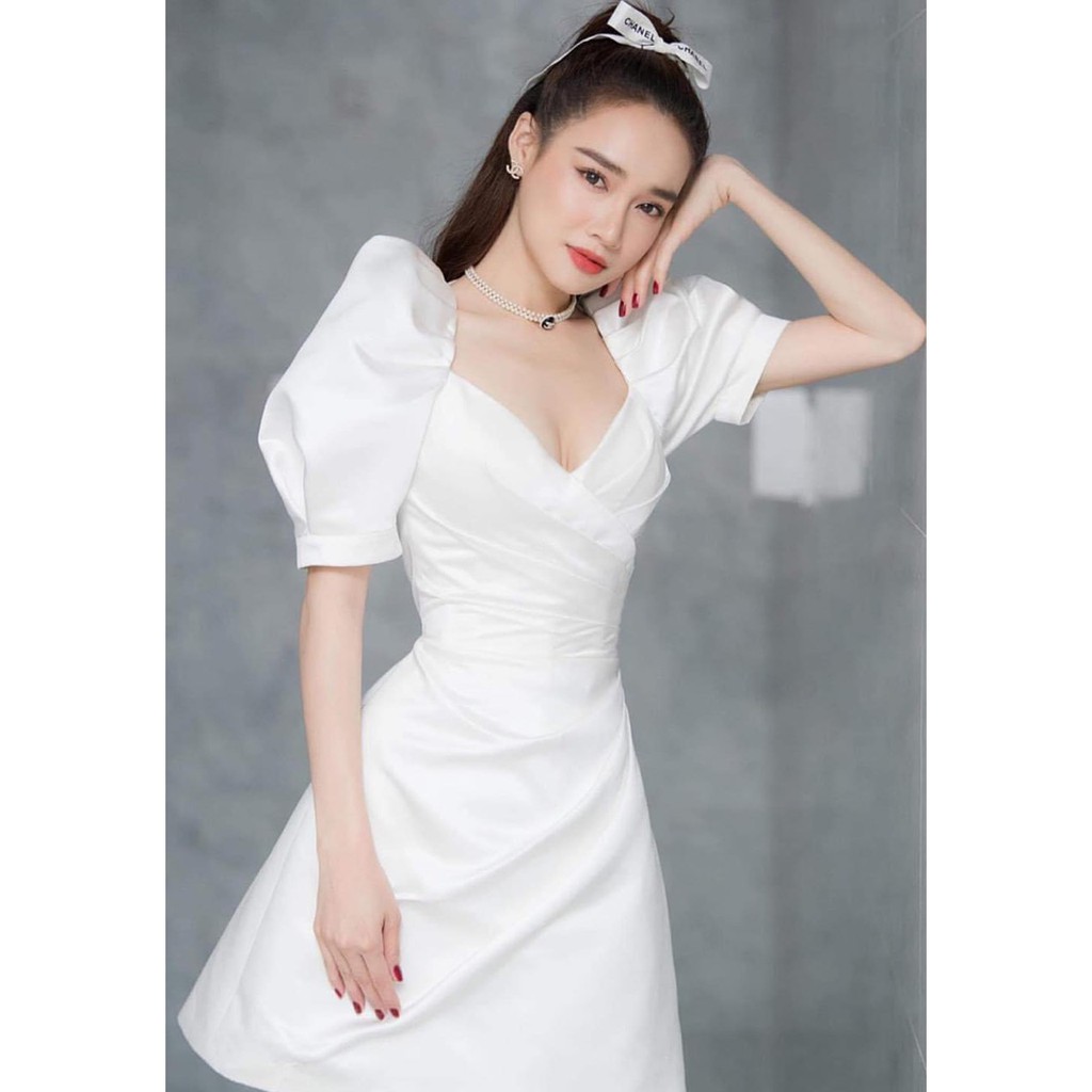 Đầm xòe dự tiệc kiểu đắp chéo ngực tay phồng xếp ly eo