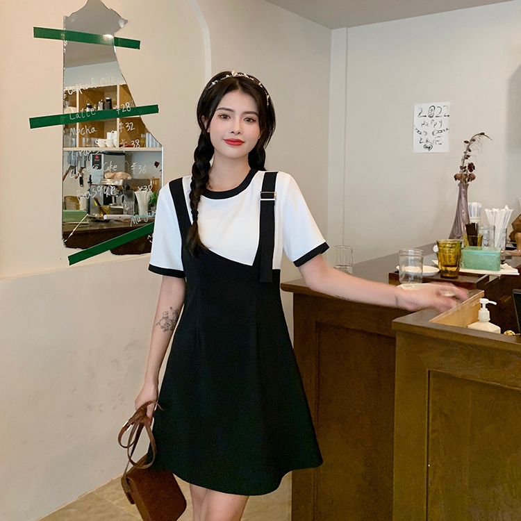 Đầm ZHELIHANGFEI ngắn tay giả hai lớp thiết kế không đồng đều xinh xắn thời trang