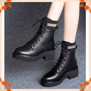 HÀNG NHẬP - GIÀY BỐT DA NỮ CỔ CAO PHỐI LEN ĐẾ VUÔNG MÀU ĐEN CAO CẤP - G01