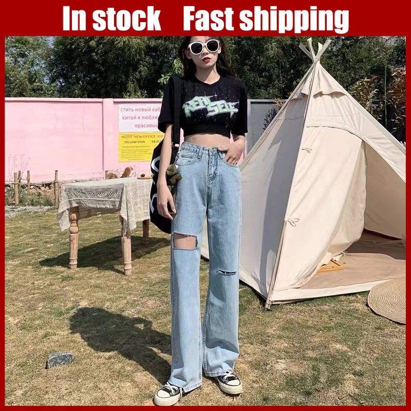 Quần jeans lưng cao thiết kế xẻ rách thời trang cá tính